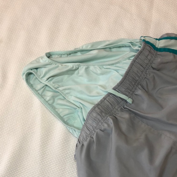Nike dri fit small athletic shorts gray with teal stripes, built in panty - Picture 3 of 8